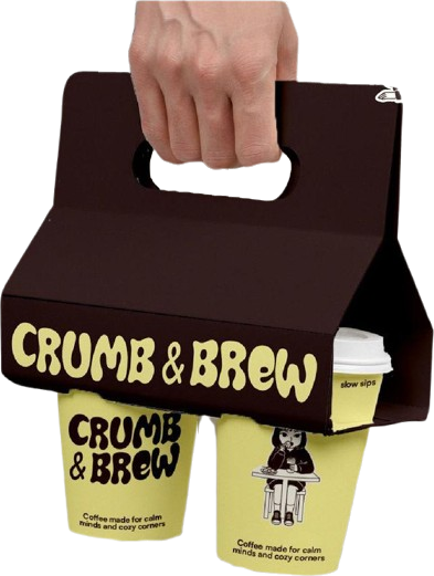 A hand holding a dark brown branded cup carrier with two yellow printed takeaway cups