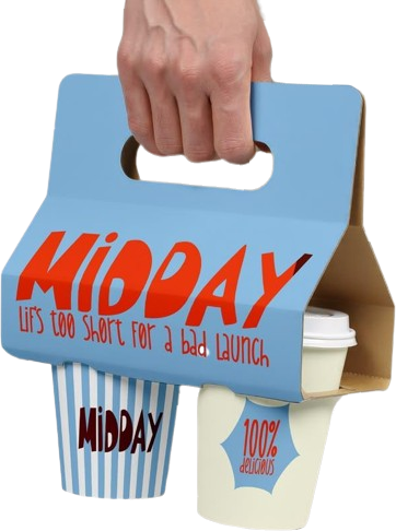 A hand holding a sky blue printed cup carrier with a striped cup and a cream cup