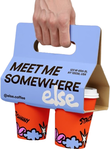 A hand holding a periwinkle printed cup carrier with two orange illustrated cups